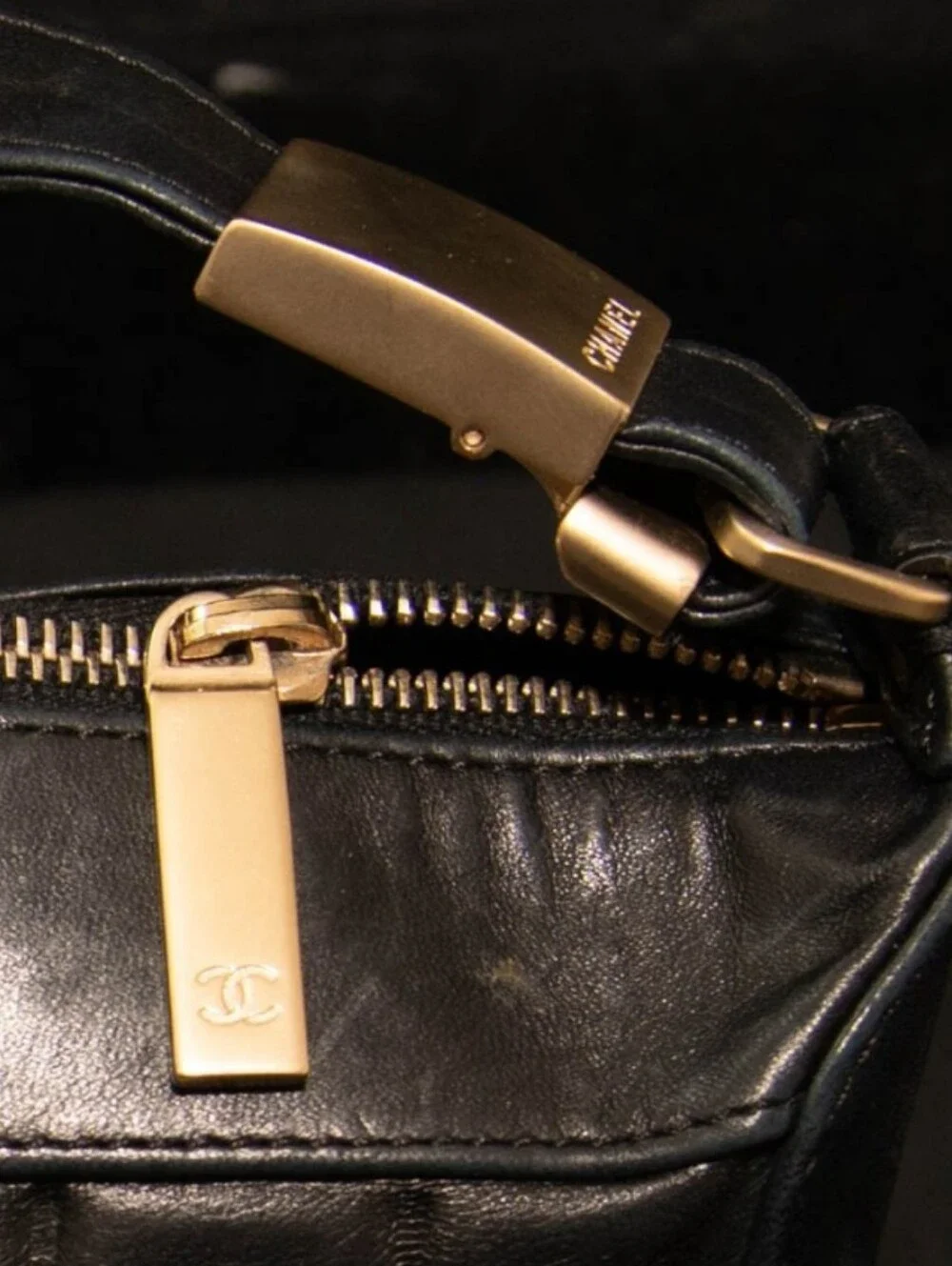 CHANEL Vintage Black Quilted Lambskin Leather Shoulder Bag with CC Logo